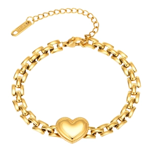Gold stainless steel watch band chain bracelet with a textured heart pendant charm