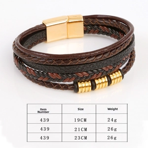 Macro shot of multi-layer woven leather bracelet with gold magnetic clasp and sizing data