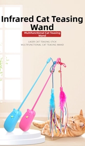 Detail of interactive laser cat wand with pink feathers, bell, and cat engagement