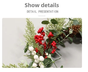 Close-up of Christmas wreath showing red berries, pine cones and eucalyptus leaves