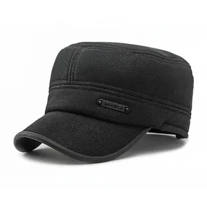 Herren PU Leder Kadettenmütze Warm Flache Militärmütze Winter Ohrenschutz Verstellbar Outdoor Einfarbig