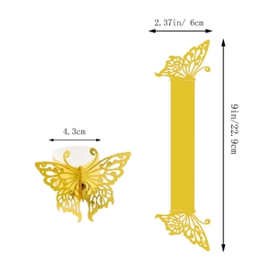 Detail of gold butterfly napkin ring showing dimensions 6cm and 22.9cm with laser cut design