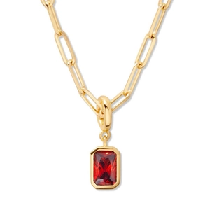 18K gold plated necklace featuring a ruby red emerald-cut water drop pendant on a chain