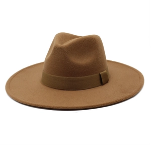 Brown wide-brimmed wool fedora hat with matching ribbon band decoration
