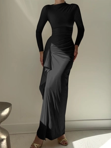 Elegant black long sleeve slim fit maxi dress with ruched waist and split hem detail
