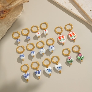 Vintage Chinese Style Ceramic Flower Hoop Earrings Stainless Steel Waterproof Hypoallergenic Tulip Porcelain Jewelry