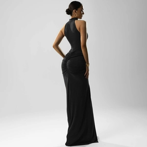 Detailed back view of a black bodycon dress with ruching and hidden back zipper