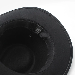 Internal view showing sweatband and material label of this black wool felt cowboy hat