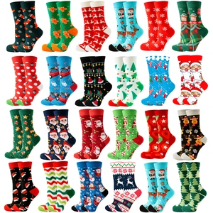 Christmas Women Crew Socks Cotton Blend Santa Reindeer Snowflake Pattern Winter Warm Holiday Gift Mid Calf Socks