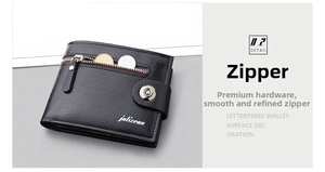 Close-up of the smooth metal zipper and coin pocket on this black leather wallet