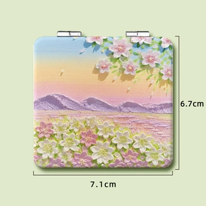 Portable folding square makeup mirror with pink cherry blossom relief art scenery