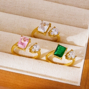 Toi Et Moi Open Ring Stainless Steel Cubic Zirconia Adjustable Emerald Pear Cut French Retro Vintage Jewelry For Women