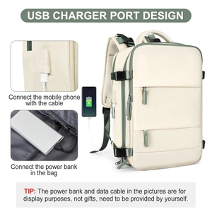 Detalle de la mochila de viaje con puerto de carga USB y conexión para el móvil.