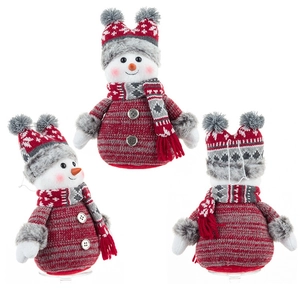 Front, side, and back views of a plush Christmas snowman doll with red knit hat and scarf