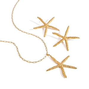 Stainless Steel Starfish Earrings Necklace For Women Gold Plated Marine Style Hammered Texture Vacation Jewelry Accessory Gift
