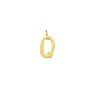 Macro view of a gold polished stainless steel letter Q pendant with a hanging loop