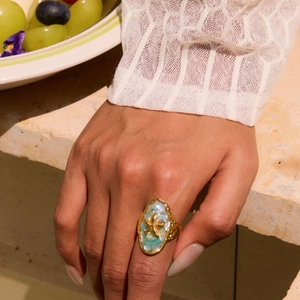 Starfish Open Ring Stainless Steel Gold Plated Blue Shell Inlay Adjustable Ocean Summer Vacation Jewelry For Women