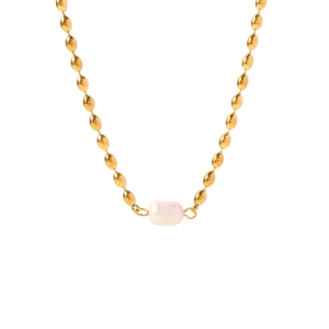 Elegant gold oval bead chain necklace featuring a natural irregular freshwater pearl pendant