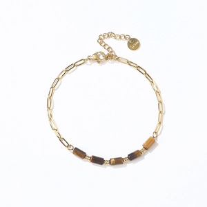 18K gold plated paperclip chain bracelet with brown tiger eye stones and lobster clasp