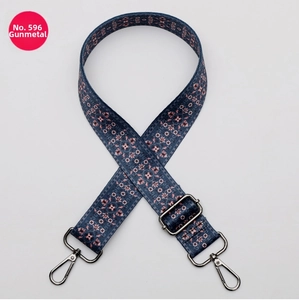 Close-up of gunmetal lobster clasps on adjustable ethnic floral print purse strap