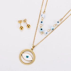 Set collana doppia dorata Evil Eye con perline blu e orecchini a lobo a forma di sfera
