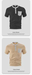 Detail of color-block knit henley shirt showing waffle texture and contrast pocket