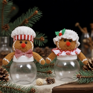 Christmas Gingerbread Man Candy Jar Transparent Plastic Storage Bottle With Plush Doll Lid Festive Holiday Party Gift