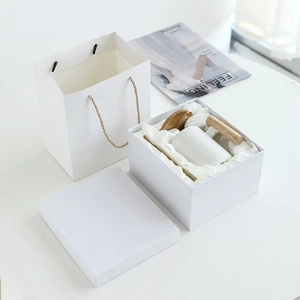 Ceramic mug with wooden handle in premium white gift box with matching carry bag