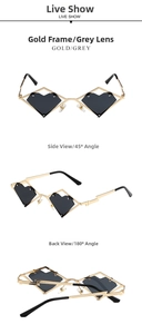 Three-way view of heart-shaped hip hop sunglasses with gold lightning bolt frames