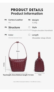 Detailed dimensions of burgundy woven PU leather handbag with 25cm strap drop