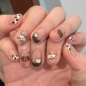 24Pcs Cute Cartoon Dog Cow Print Press On Nails Short Square Round Nude Pink French Wearable Nail Patches For Women Daily