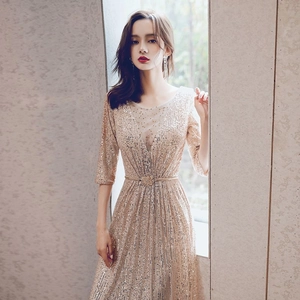 Abito Da Sera Con Paillettes Scollo A V Mesh Manica Media Elegante Abito Lungo Sirena Per Festa Formale Donne