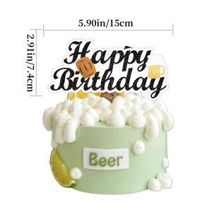 Happy Birthday beer themed cake topper with black glitter and gold mug icons
