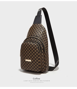 Macro detail of coffee colored chest bag with geometric pattern and golden hardware