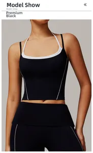 Detailansicht des Dual-Strap-Neck-Designs am schwarz-weißen Yoga-Sport-BH mit hoher Stützkraft