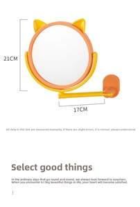 Detail of cartoon cat ear makeup mirror with 21cm height and 17cm rotating arm dimensions