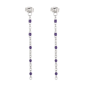Ohrhänger aus Titanstahl mit violetten Resin-Perlen an silberner Gliederkette