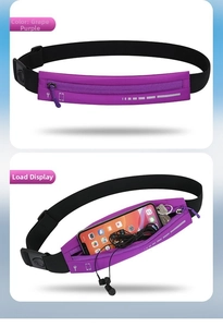 Detail showing grape purple running waist bag with reflective strip and headphone jack