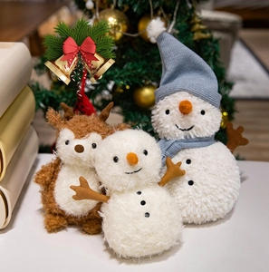 Detail of plush Christmas snowmen and reindeer toys with blue hats in festive setting