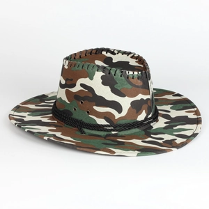 Detailed close-up of camouflage cowboy hat with braided rope and manual stitching details