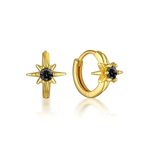 Gold eight-pointed star hoop earrings with faceted black zircon stones for women