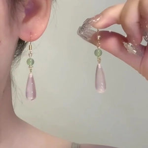 New Chinese Style Drop Earrings With Pink Resin Water Drop And Green Bead Retro Sweet Temperament Jewelry For Women