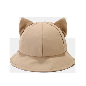 Detailed view of khaki bucket hat with 3D cat ears made of high-quality cotton canvas