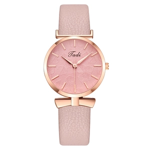 Fashionable women's quartz watch with rose gold bow case and pink leather strap