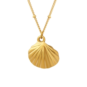 Elegant gold shell pendant necklace with beaded titanium steel chain on white background