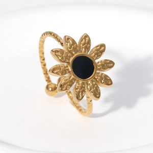 Anello a girasole in acciaio inossidabile placcato oro 18k con centro nero martellato