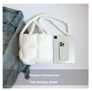 Detailed size comparison of a white quilted puffer tote bag with a tablet and phone