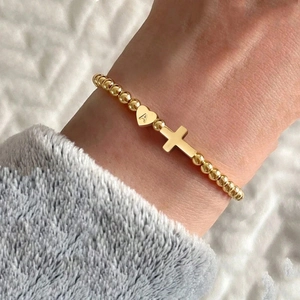 Fashion Stainless Steel Gold Plated Beaded Bracelet For Women Initial Letter Heart Cross Pendant Adjustable Jewelry Gift