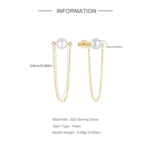Detailed view of long 925 sterling silver chain earrings with 0.6cm pearls and logo