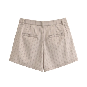 Detail of light beige pinstripe shorts featuring back welt pockets and belt loops